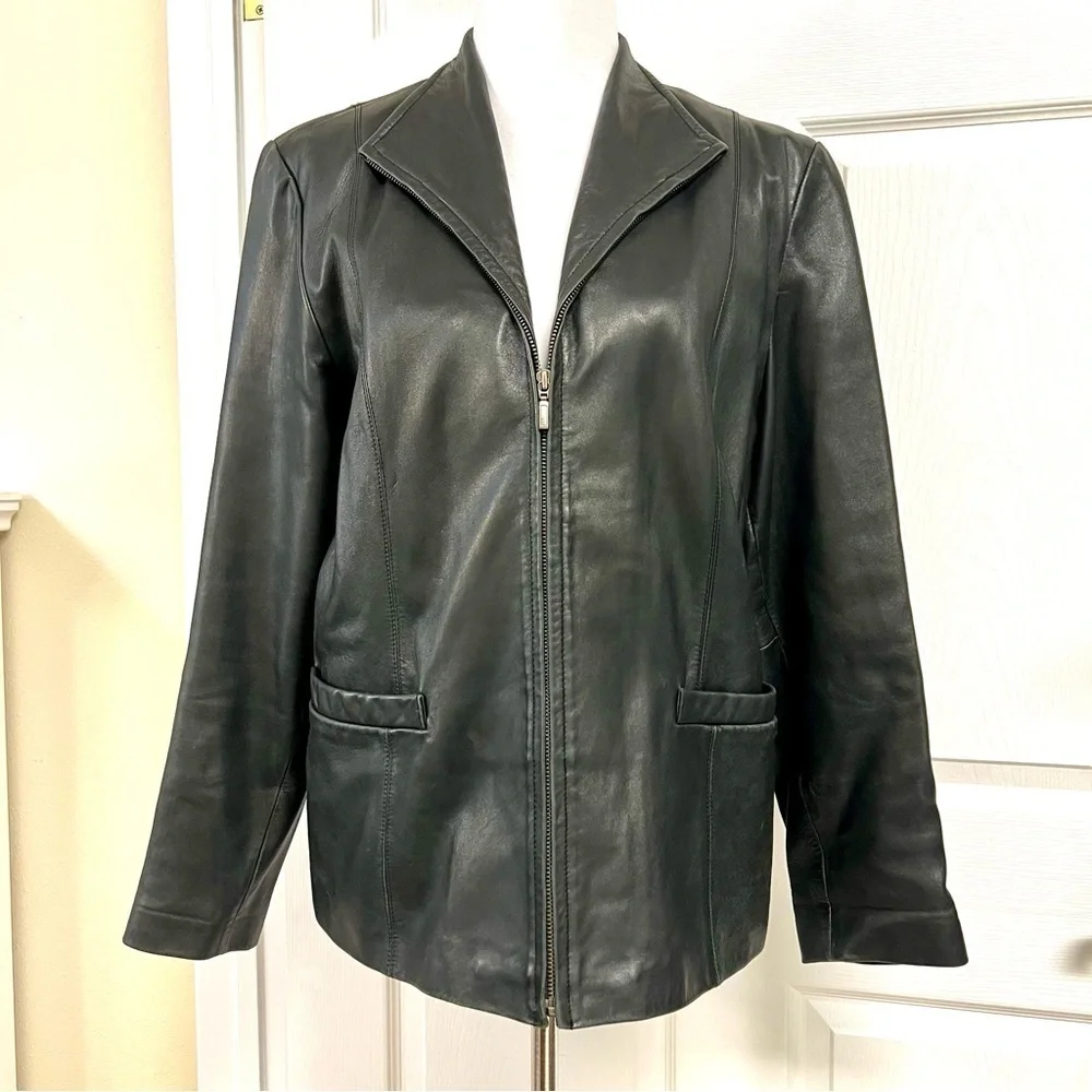 Vintage JLC Newyork Leather Women's Fully Lined Wing Collar Black coat size XL
